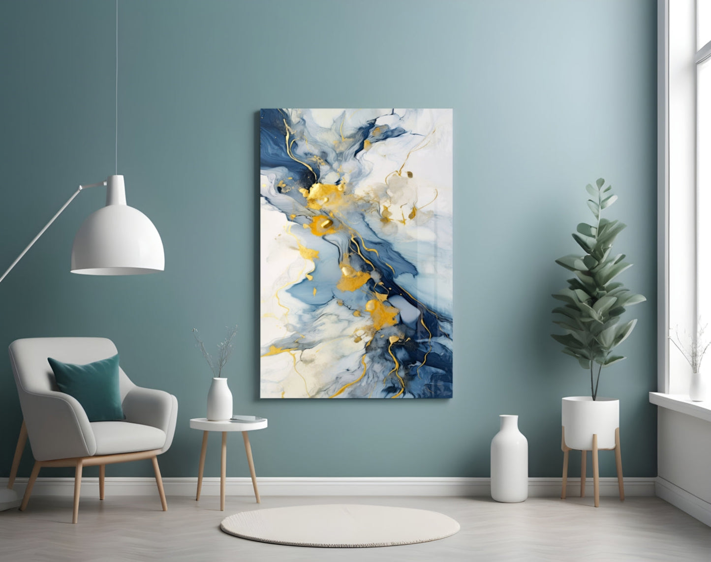 Gold Veined Indigo Marble Swirl Glass Wall Art