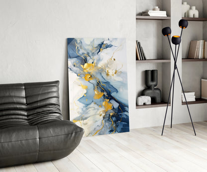 Gold Veined Indigo Marble Swirl Glass Wall Art