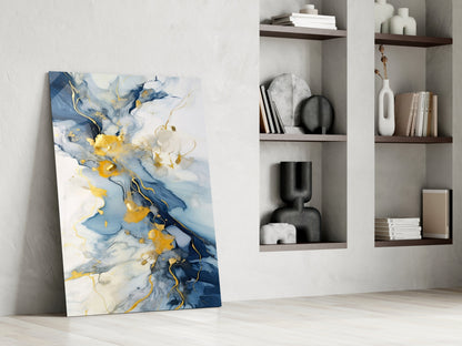 Gold Veined Indigo Marble Swirl Glass Wall Art