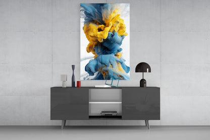 Blue And Yellow Ink Swirl Abstract Glass Wall Art