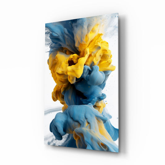 Glass wall art panel displaying swirling blue and yellow ink clouds in three-dimensional perspective against white background.