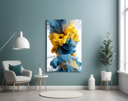 Blue And Yellow Ink Swirl Abstract Glass Wall Art