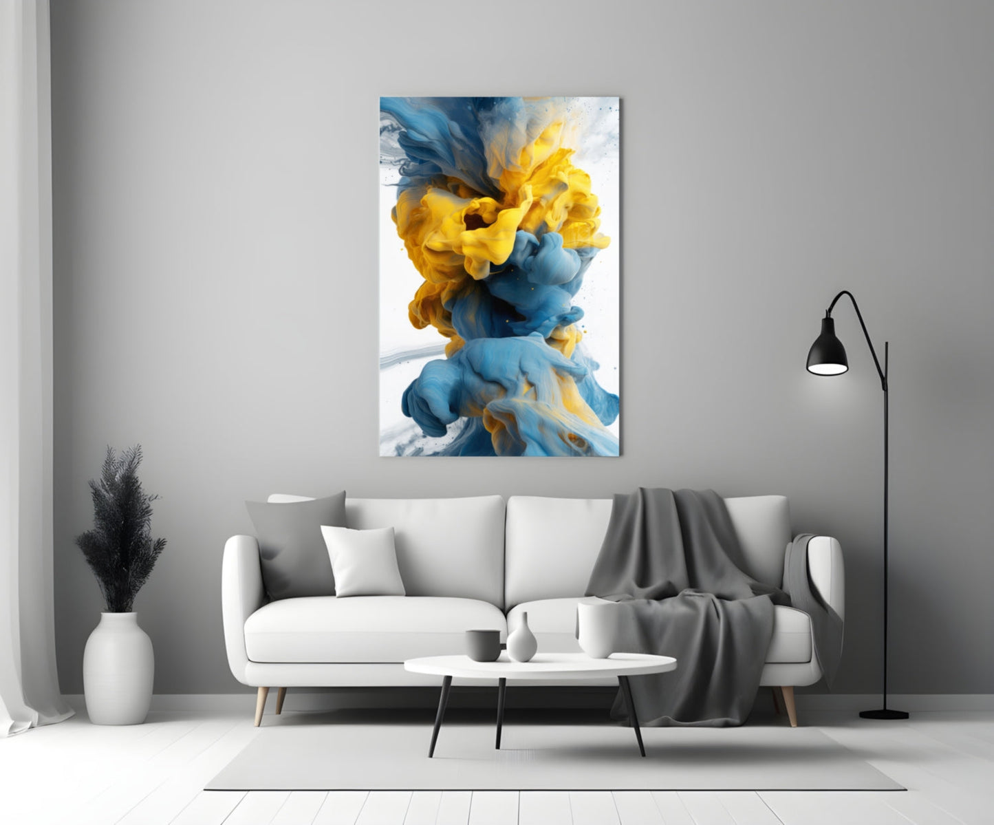 Blue And Yellow Ink Swirl Abstract Glass Wall Art