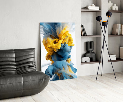 Blue And Yellow Ink Swirl Abstract Glass Wall Art