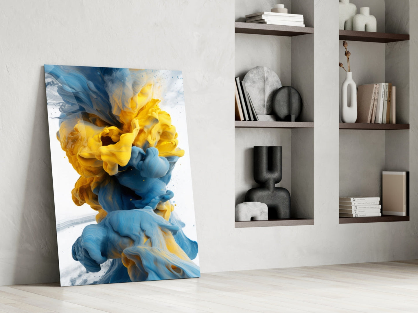 Blue And Yellow Ink Swirl Abstract Glass Wall Art
