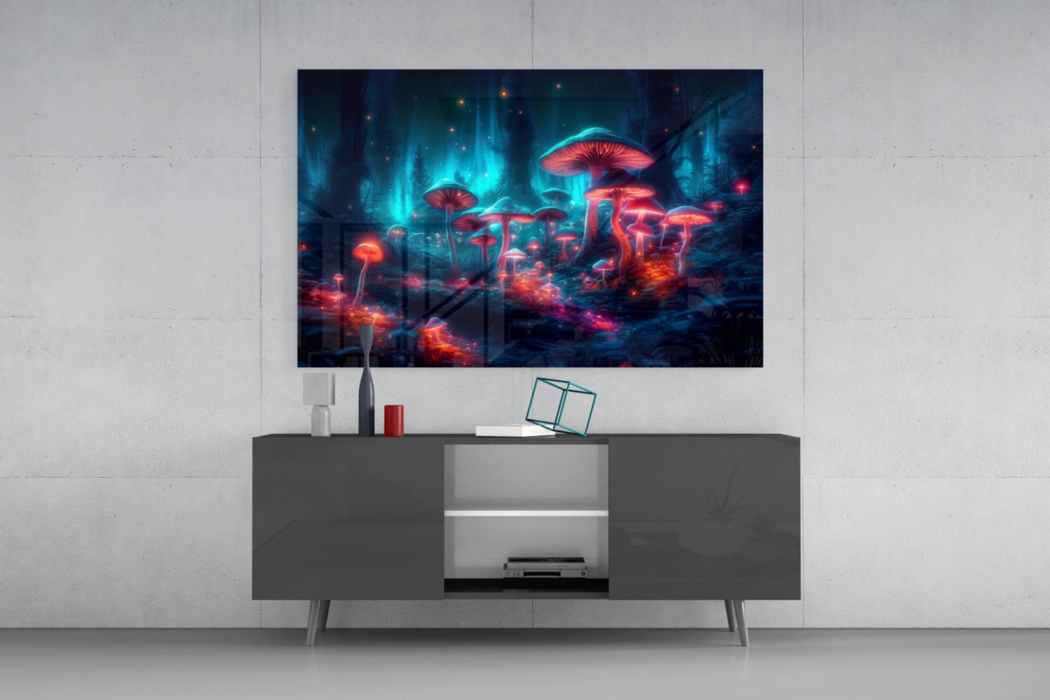 Neon Mushroom Forest glass wall art displaying glowing red and blue bioluminescent mushrooms, mounted above a dark gray media console in a modern living room setting.