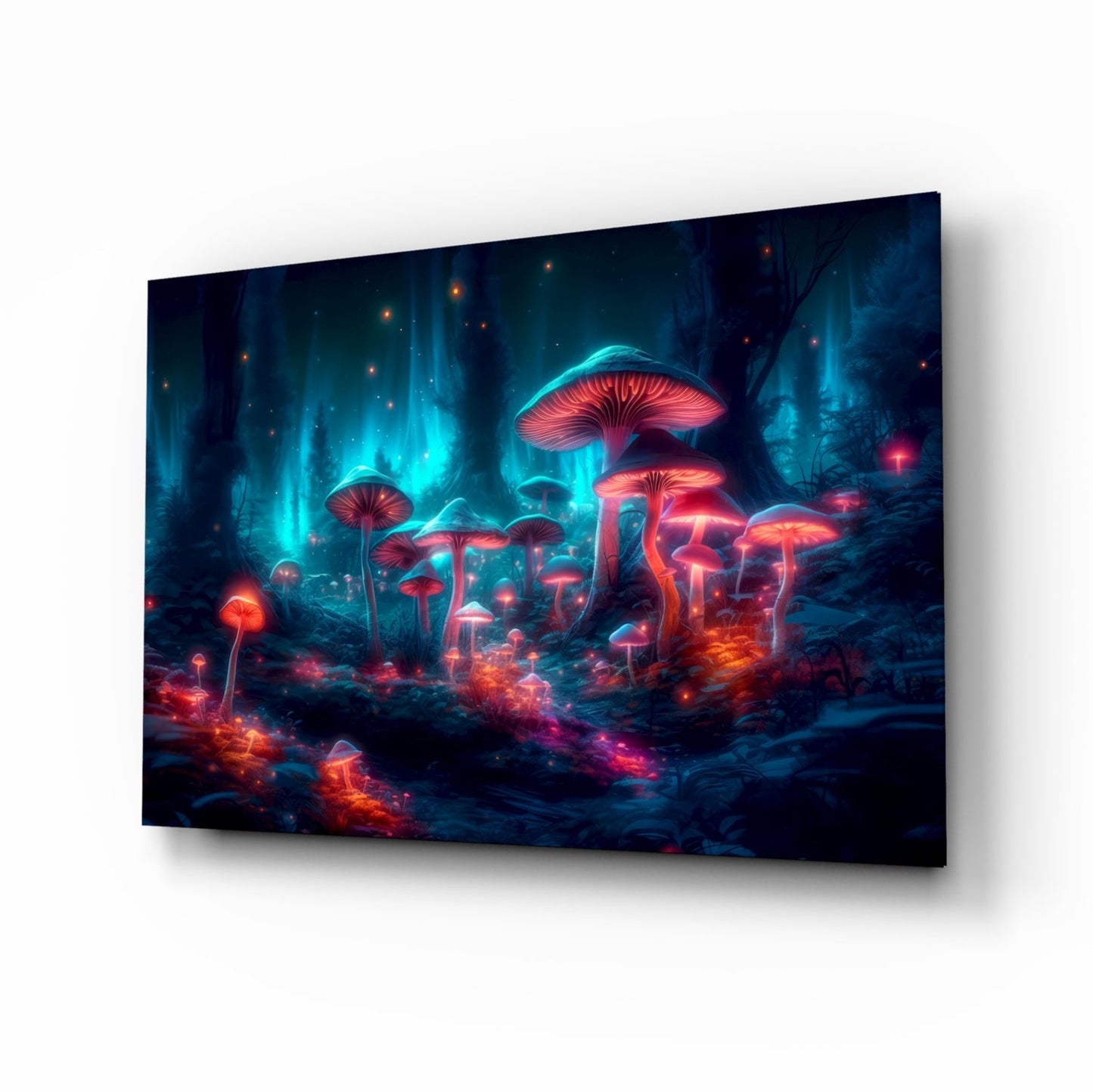 Angled perspective of neon mushroom forest glass wall art displaying luminescent red and cyan fungi against dark forest background.