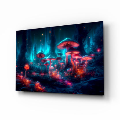Angled perspective of neon mushroom forest glass wall art displaying luminescent red and cyan fungi against dark forest background.