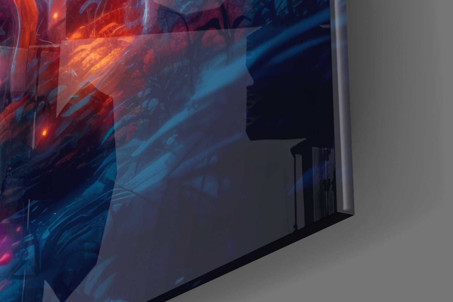 Angled side view of glass wall art displaying red and blue neon glowing mushroom forest design against white wall.
