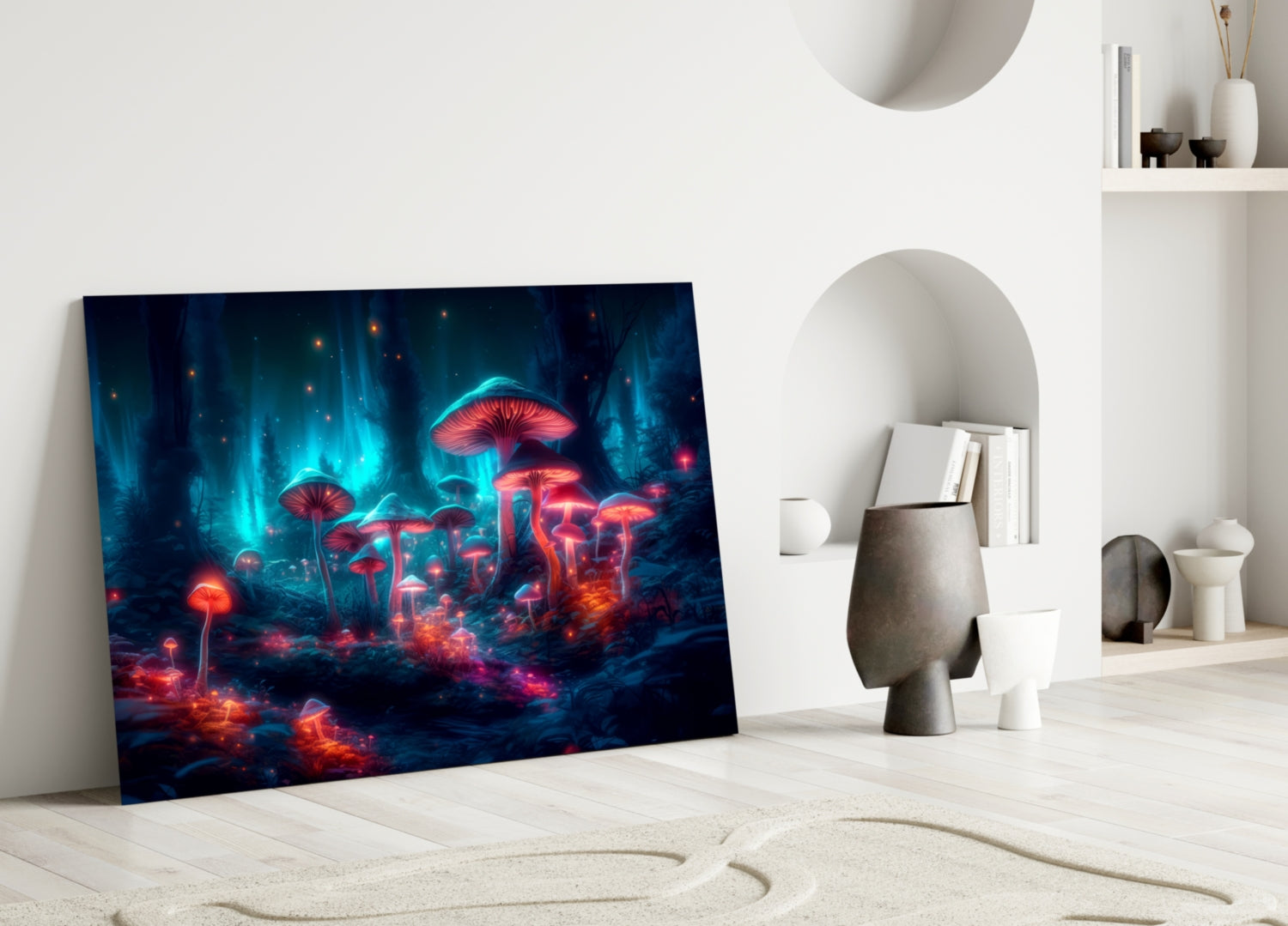 Neon mushroom forest glass art leaning against white wall in minimalist room with shelving and decorative objects.