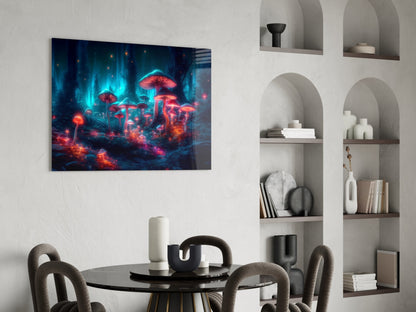 Neon mushroom forest glass wall art displayed above a round black dining table with gray chairs in a modern interior with white built-in shelving.