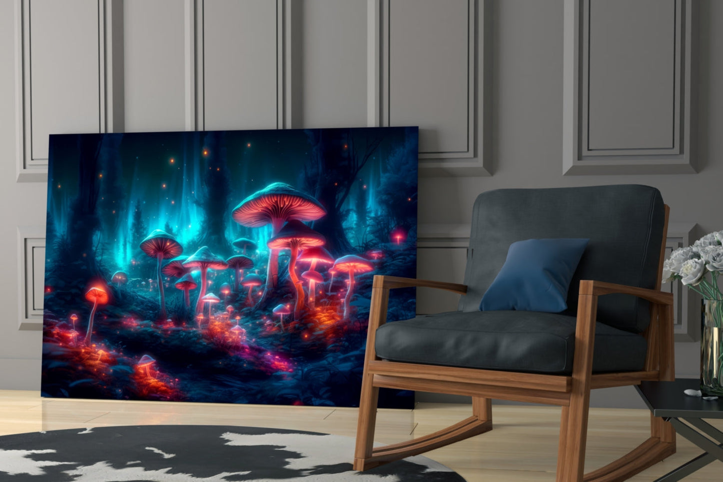 Neon Mushroom Forest glass wall art displayed in a modern living room setting with wooden chair and neutral paneled walls.