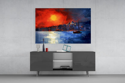 Crimson Sunset Istanbul Skyline Boats Glass Wall Art