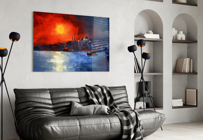 Crimson Sunset Istanbul Skyline Boats Glass Wall Art