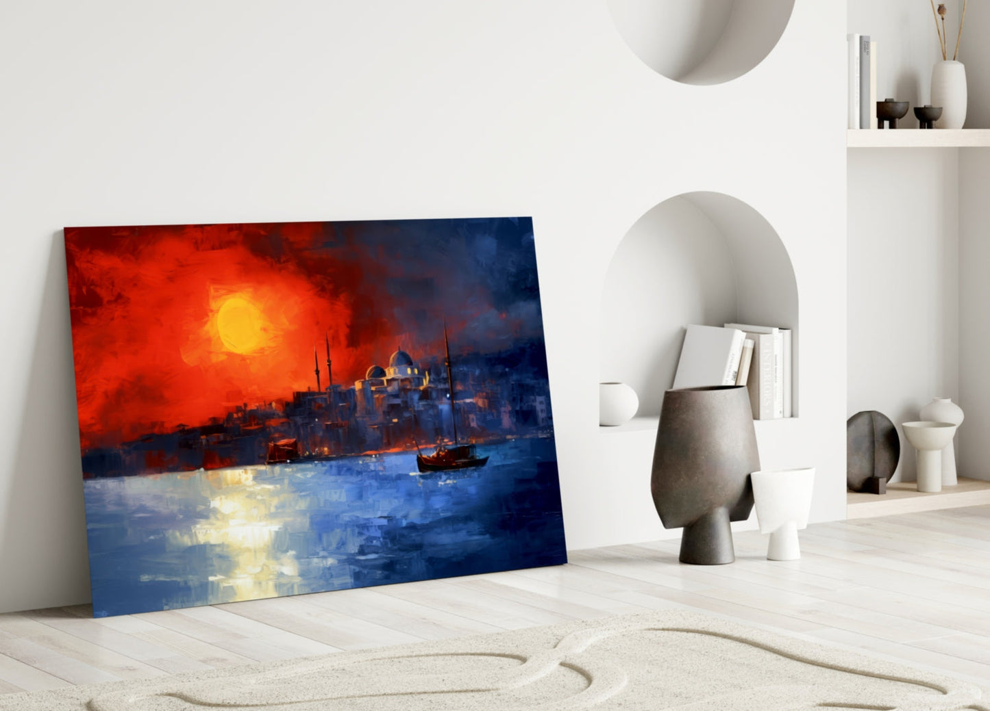Crimson Sunset Istanbul Skyline Boats Glass Wall Art