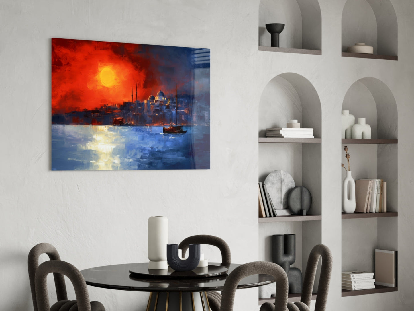 Crimson Sunset Istanbul Skyline Boats Glass Wall Art