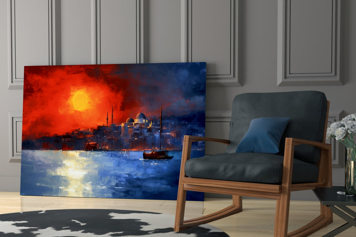 Crimson Sunset Istanbul Skyline Boats Glass Wall Art