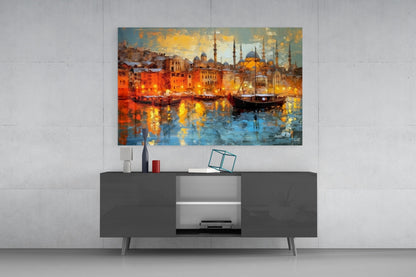Golden Istanbul Harbor Sailboats Glass Wall Art
