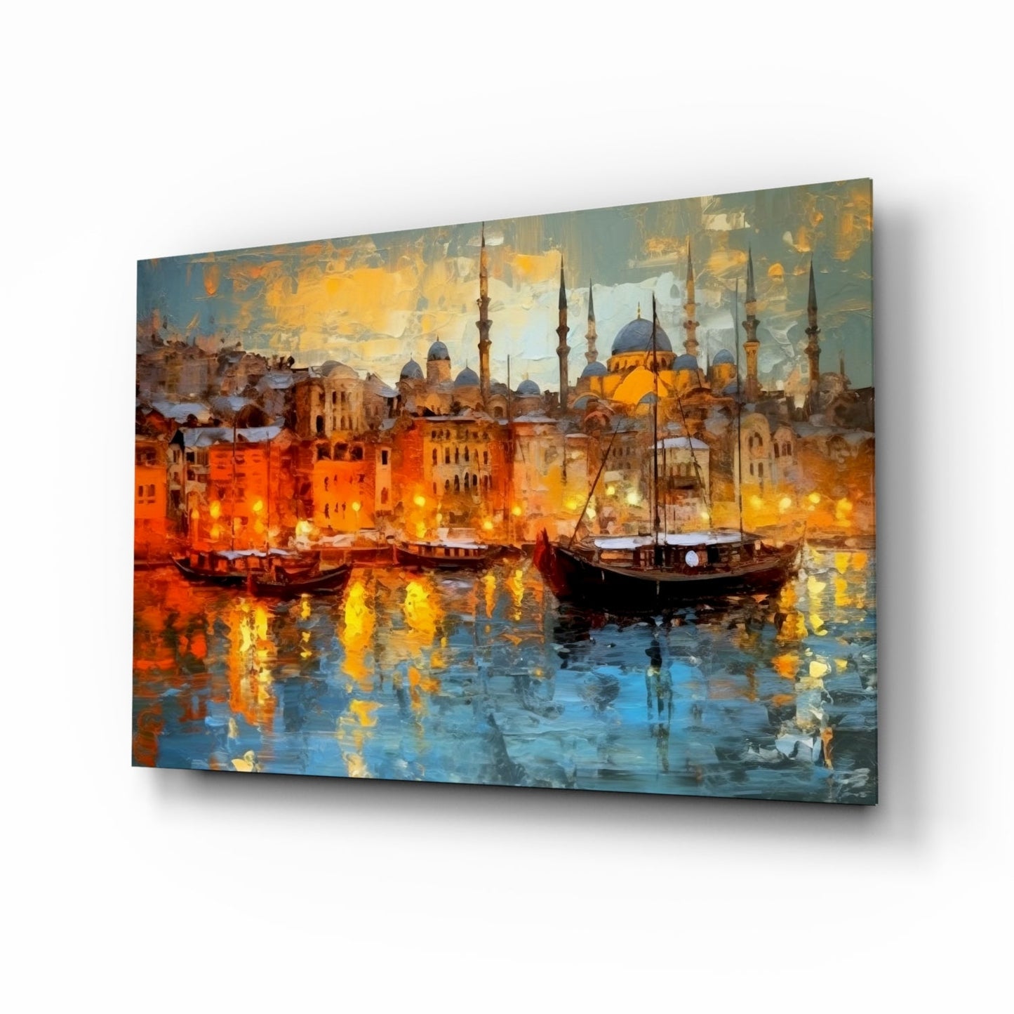 Golden Istanbul Harbor Sailboats Glass Wall Art
