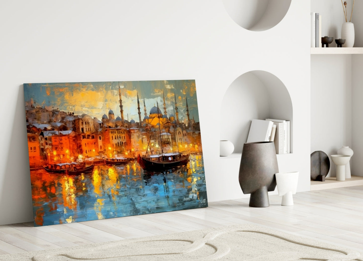 Golden Istanbul Harbor Sailboats Glass Wall Art