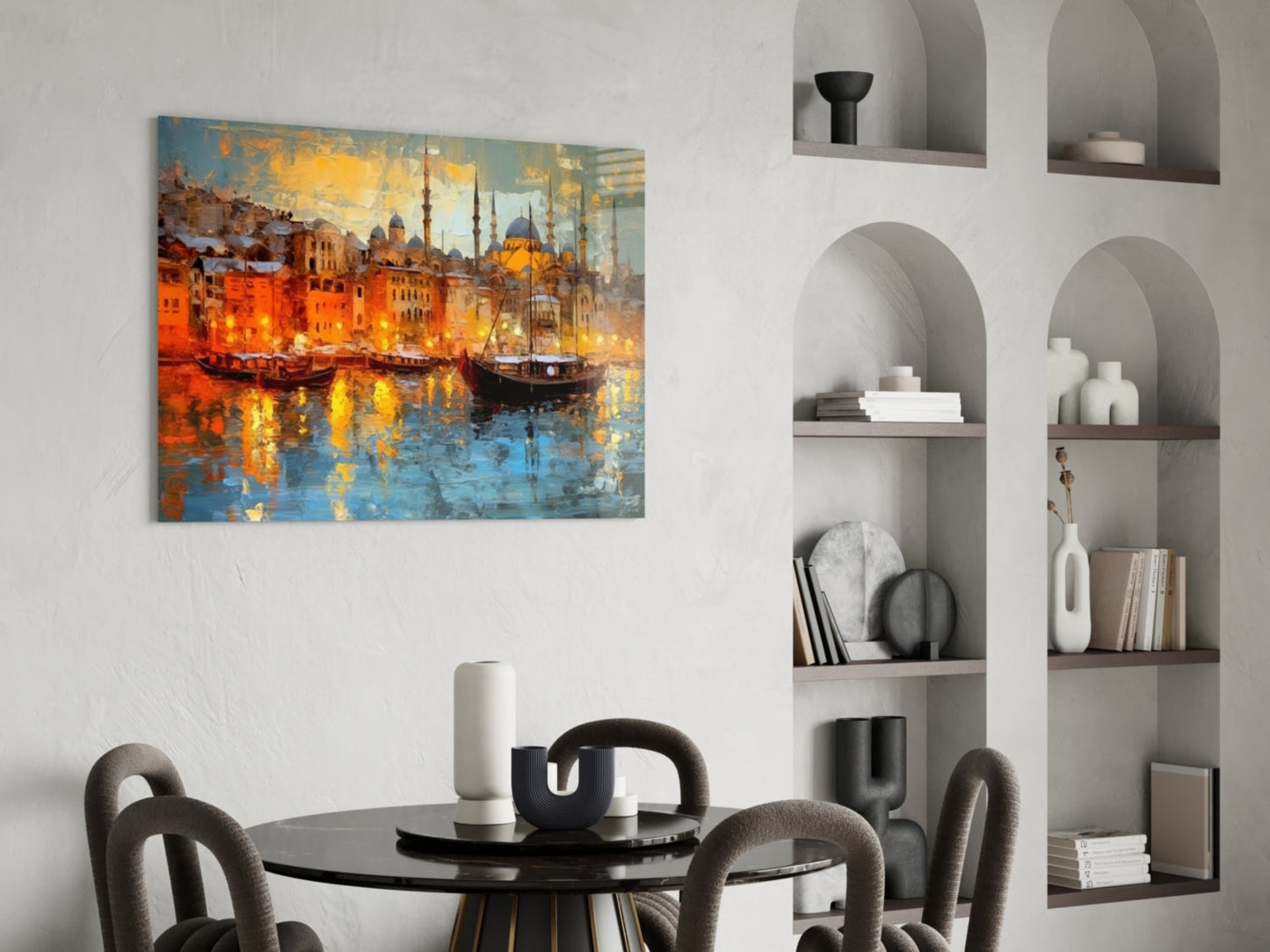 Golden Istanbul Harbor Sailboats Glass Wall Art