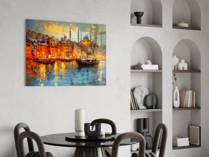 Golden Istanbul Harbor Sailboats Glass Wall Art