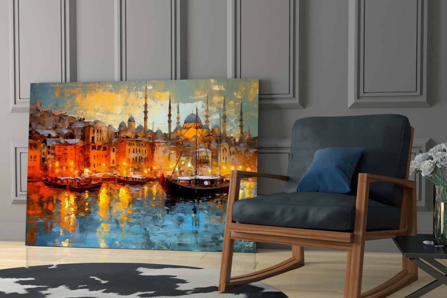 Golden Istanbul Harbor Sailboats Glass Wall Art