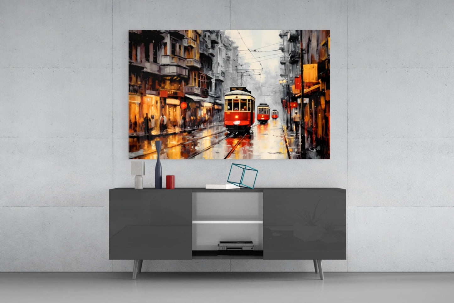Red and cream tram in wet street scene displayed above dark gray media console in modern interior.