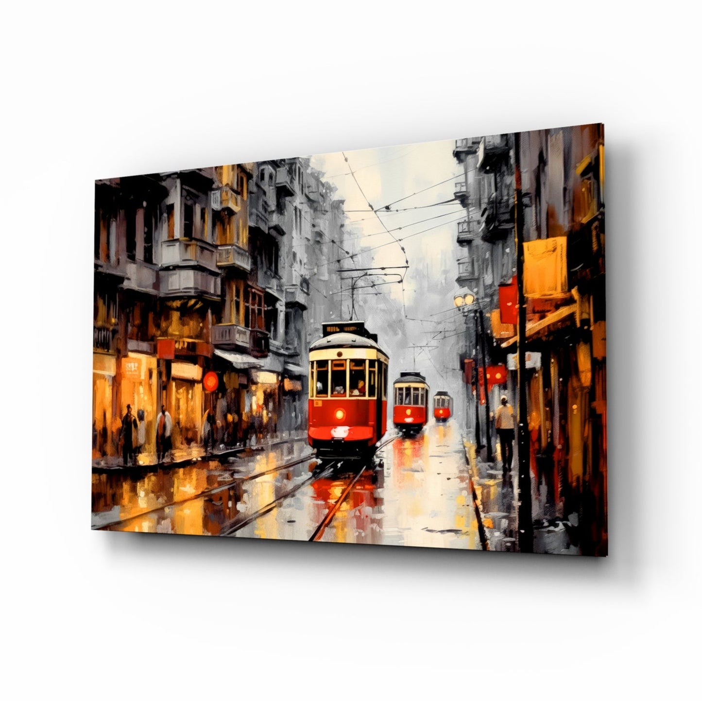 Red and yellow trams travel down a wet European street lined with golden-lit buildings, displayed on a glass wall art panel.