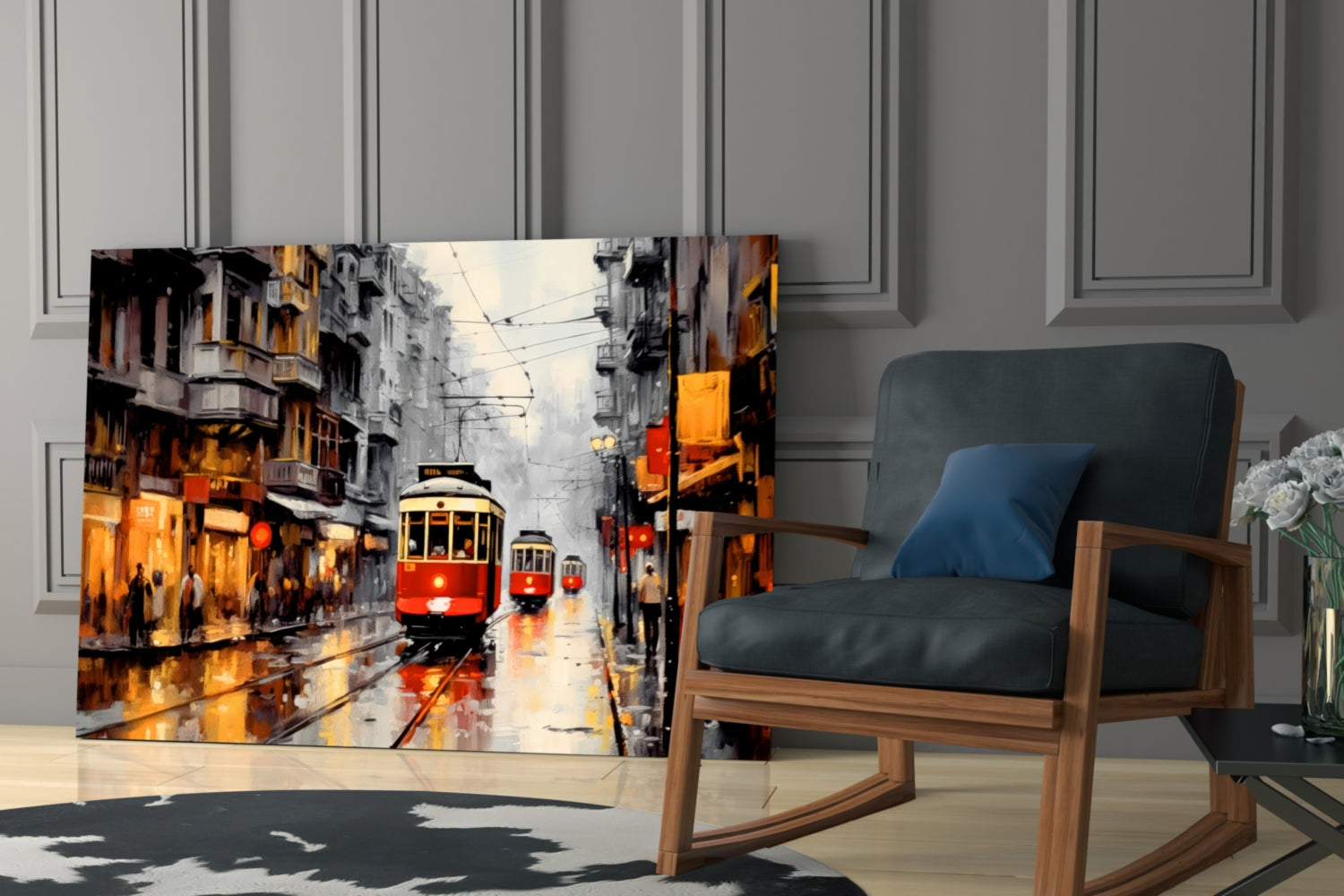 Glass wall art depicting rainy European street with red trams, warm golden lighting, displayed in modern living room beside wooden chair.