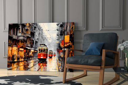 Glass wall art depicting rainy European street with red trams, warm golden lighting, displayed in modern living room beside wooden chair.