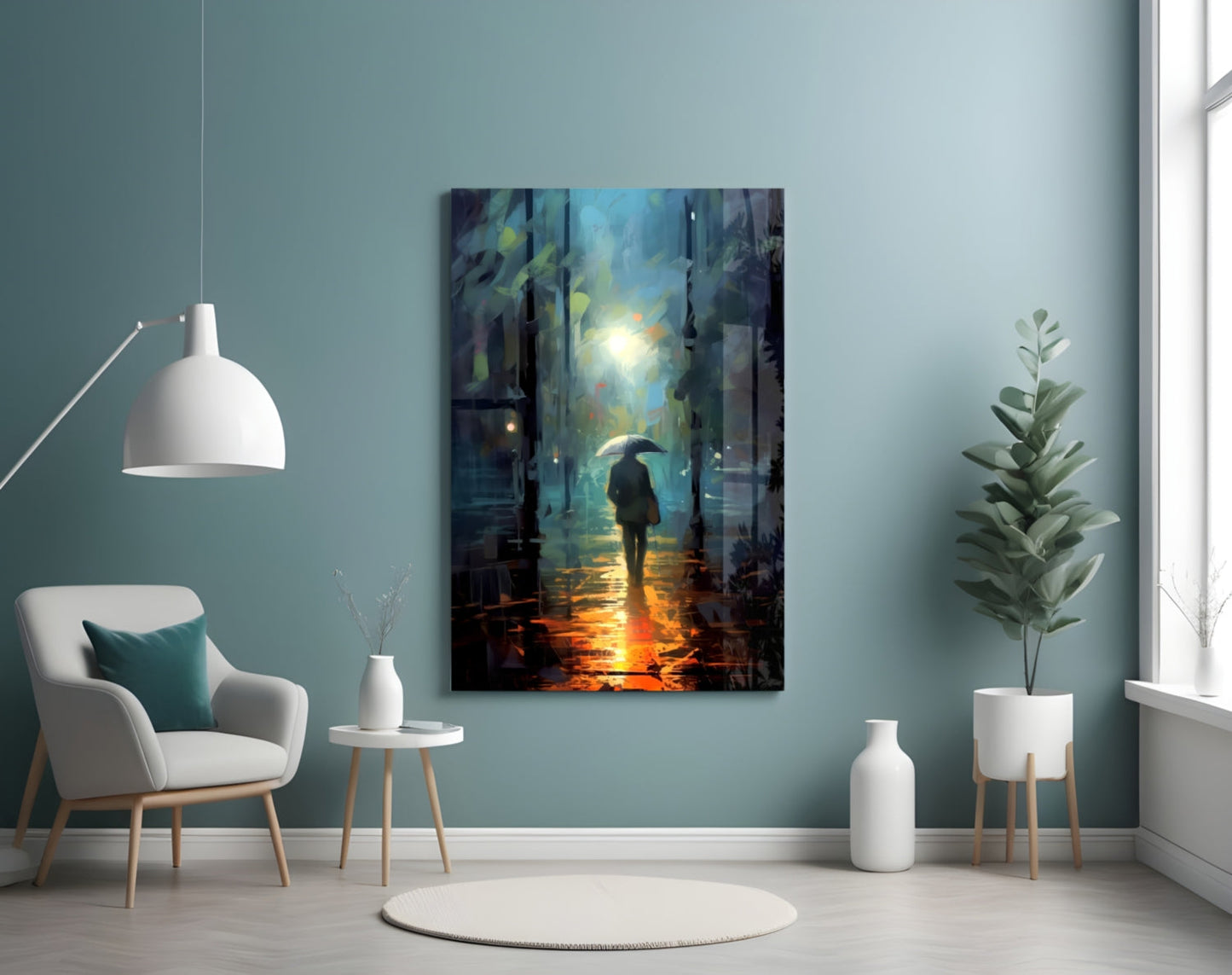Modern living room with teal walls displaying a vertical glass art panel showing a silhouetted figure with umbrella in rain-lit street scene.