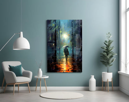 Modern living room with teal walls displaying a vertical glass art panel showing a silhouetted figure with umbrella in rain-lit street scene.