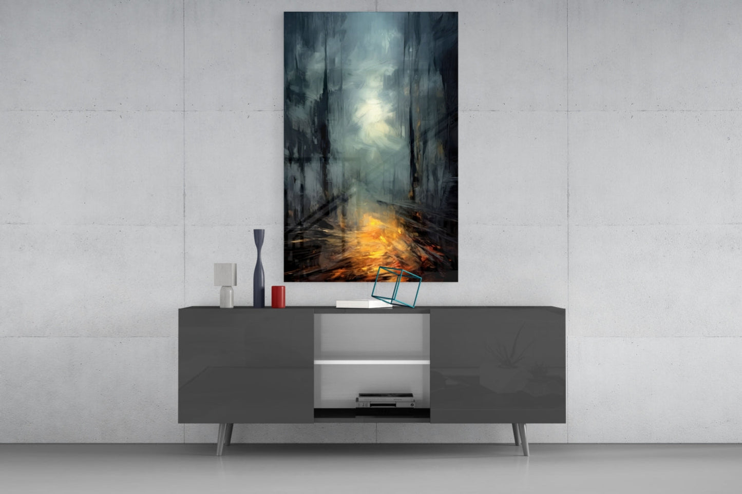 Dark moody landscape artwork with golden light displayed above modern gray media console in minimalist interior setting.