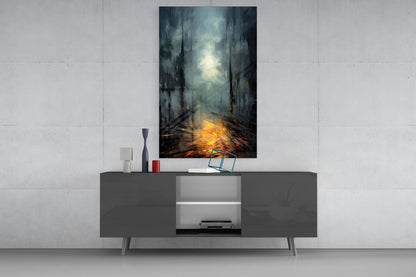 Dark moody landscape artwork with golden light displayed above modern gray media console in minimalist interior setting.