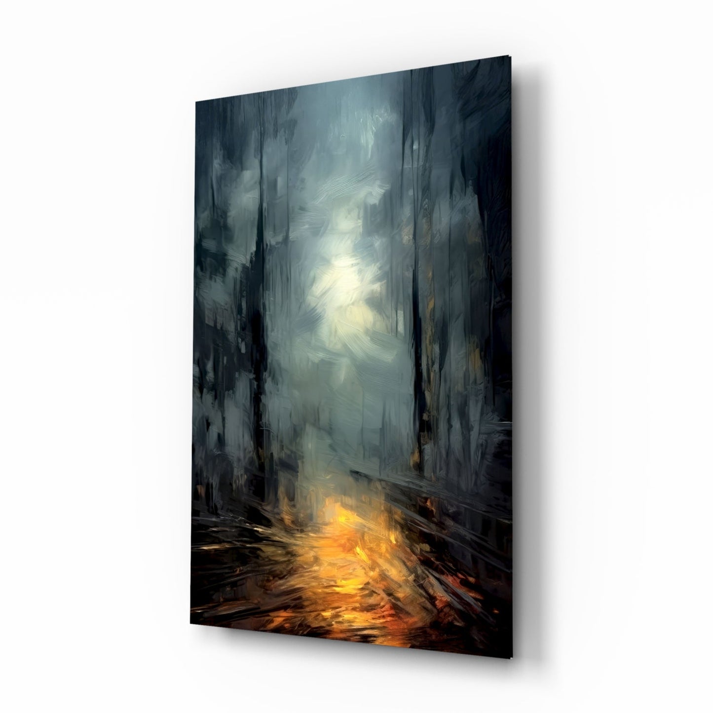 Glass wall art depicting a dark urban alley with glowing golden light at base and ethereal white light in distant sky.
