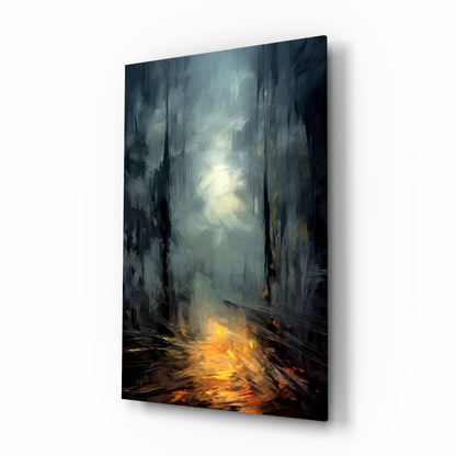Glass wall art depicting a dark urban alley with glowing golden light at base and ethereal white light in distant sky.
