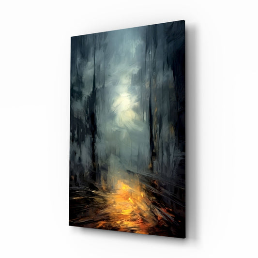 Glass wall art depicting a dark urban alley with glowing golden light at base and ethereal white light in distant sky.