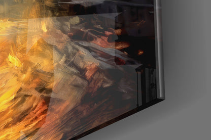Close-up angled view of glass wall art showing layered translucent panels with warm golden-orange and deep burgundy painted abstract brushstrokes.