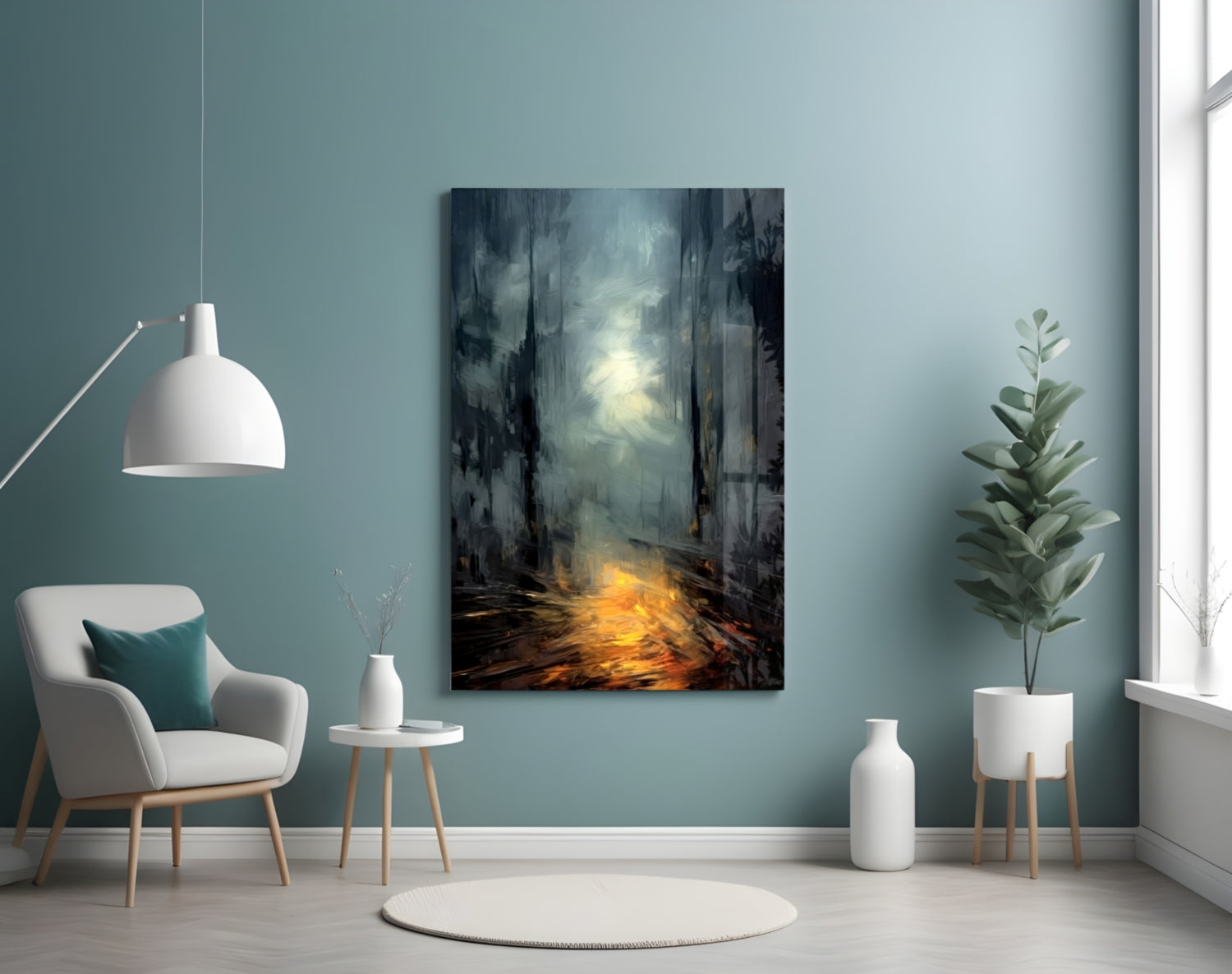 Into Mystery glass wall art depicting a dark forest path with golden light, displayed above a white armchair in a teal room.
