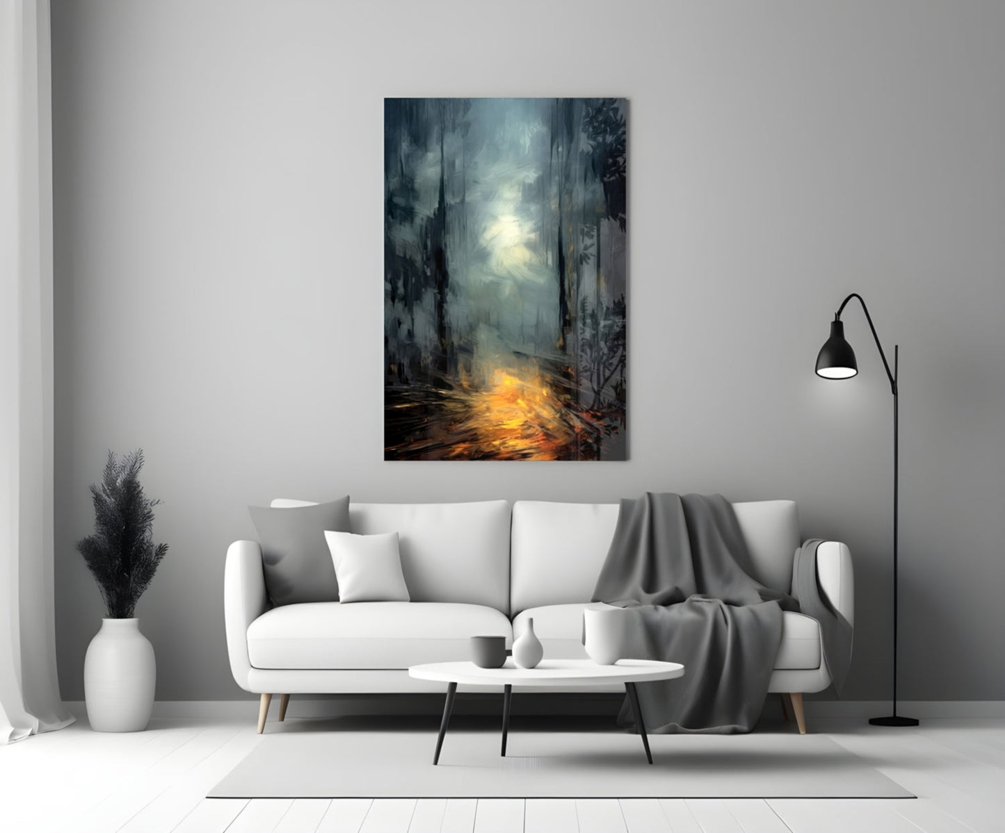 Glass wall art depicting a moody forest path with golden light breaking through dark trees, displayed above a white sofa in a modern living room.