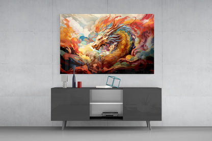 Golden Dragon In Swirling Clouds Glass Wall Art