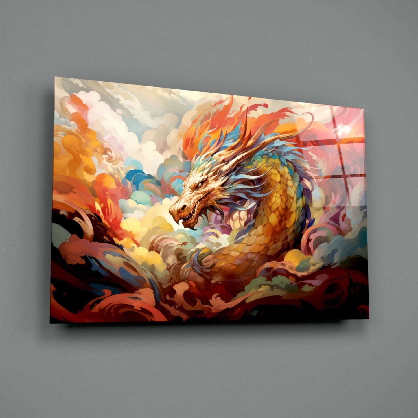 Golden Dragon In Swirling Clouds Glass Wall Art
