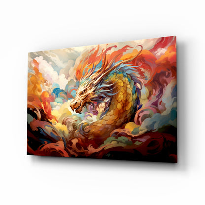 Golden Dragon In Swirling Clouds Glass Wall Art