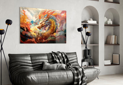 Golden Dragon In Swirling Clouds Glass Wall Art