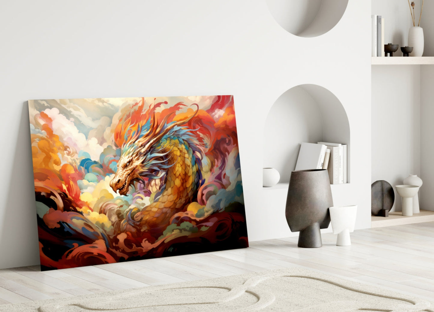 Golden Dragon In Swirling Clouds Glass Wall Art