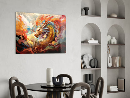 Golden Dragon In Swirling Clouds Glass Wall Art
