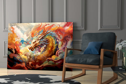 Golden Dragon In Swirling Clouds Glass Wall Art