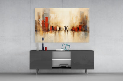 Beige Cityscape Walking Figures Glass Wall Art
