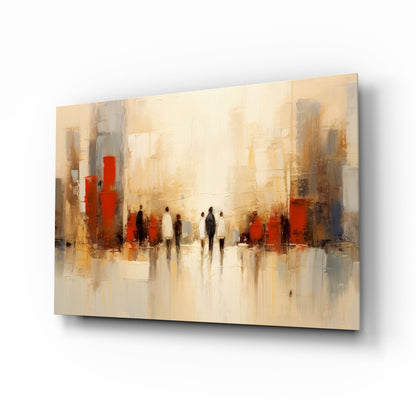 Beige Cityscape Walking Figures Glass Wall Art